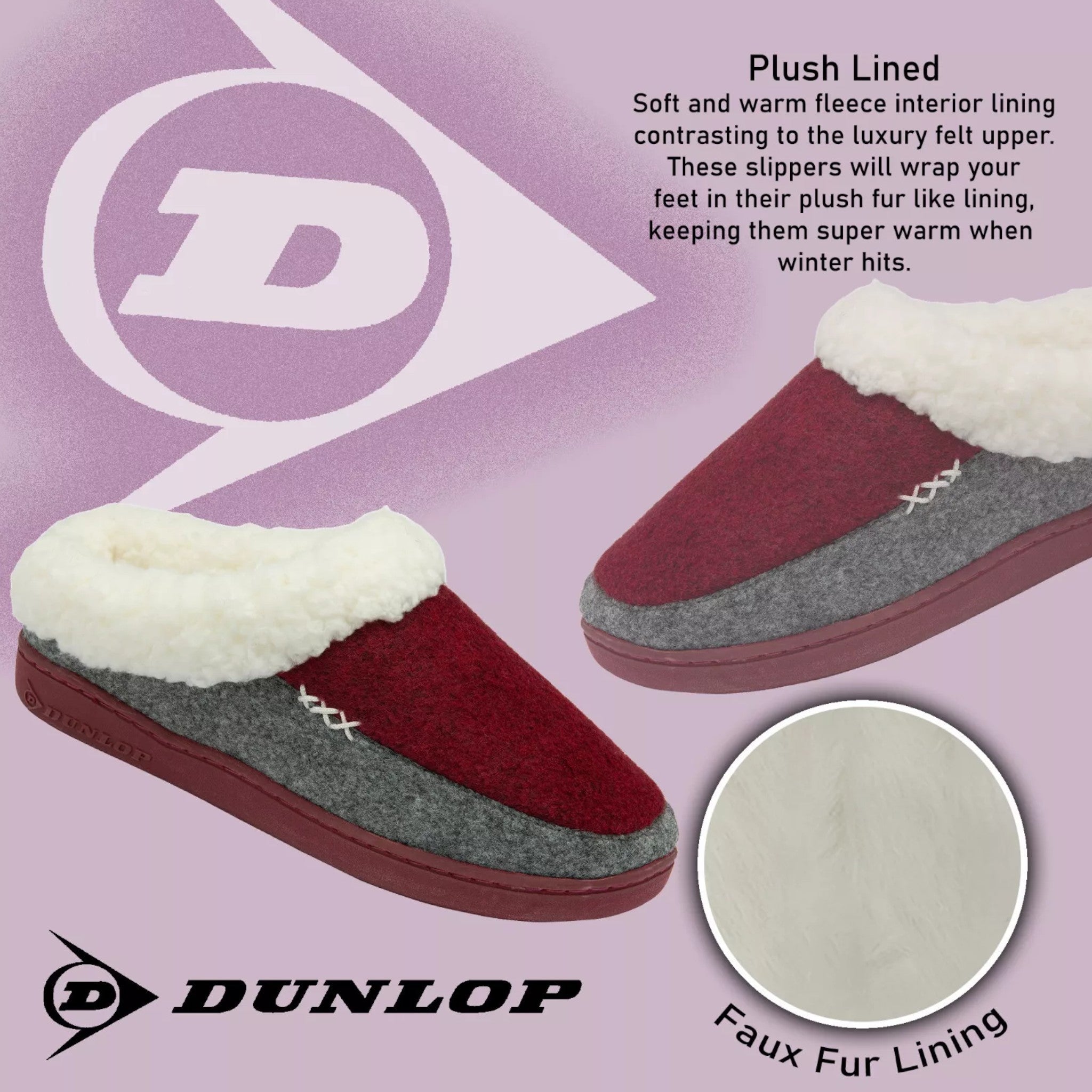 womens memory foam Warm indoor Dunlop ladies slippers with soft lining and non slip sole in burgundy and grey